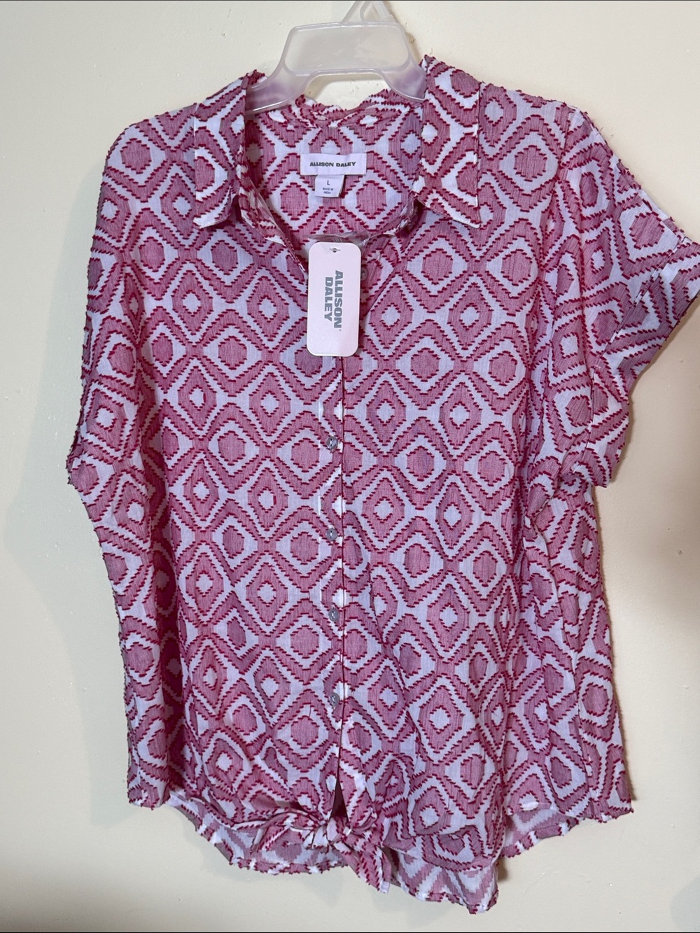 Allison Daley Pink Geometric Tie-Hem Button Front Blouse